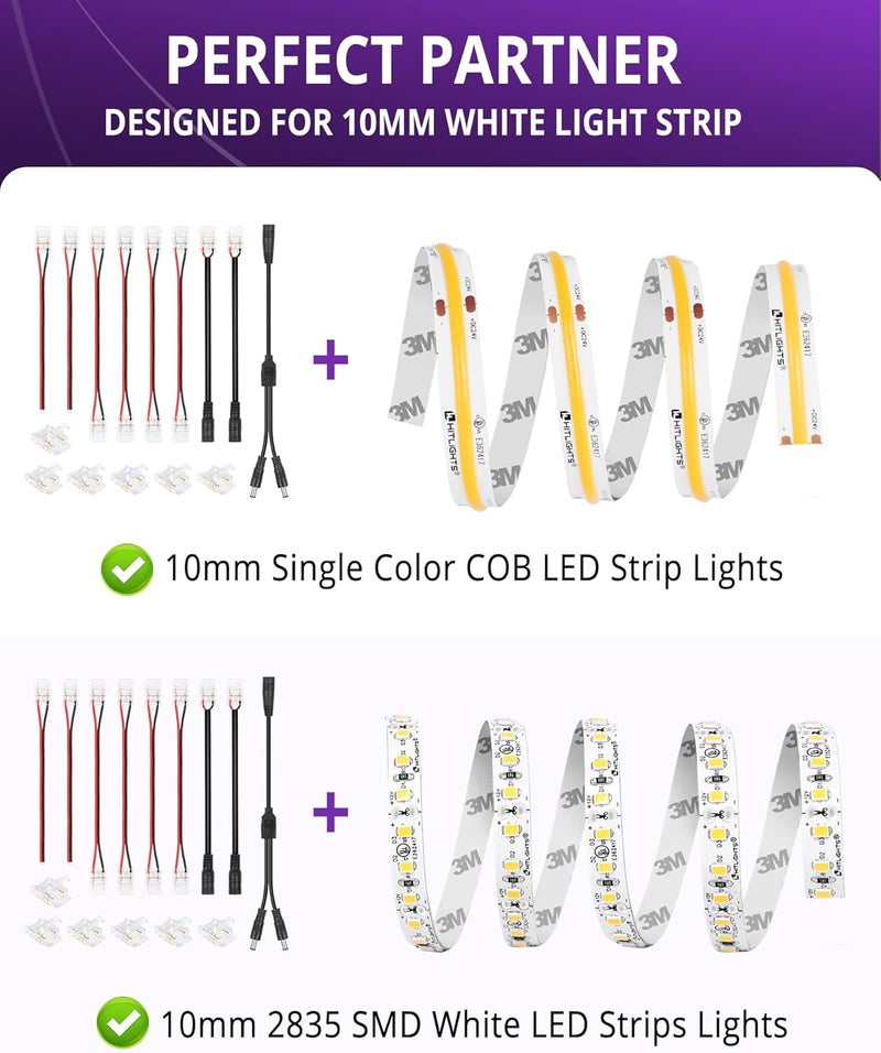 HitLights LED Strip Connector 2Pin 10mm Connector Kit Include Gapless Connector, Jumper Connectors, Pigtail Connector, DC Female and Connector, DC Jack Splitter for COB/2835 Single Color LED Strips - Image 3
